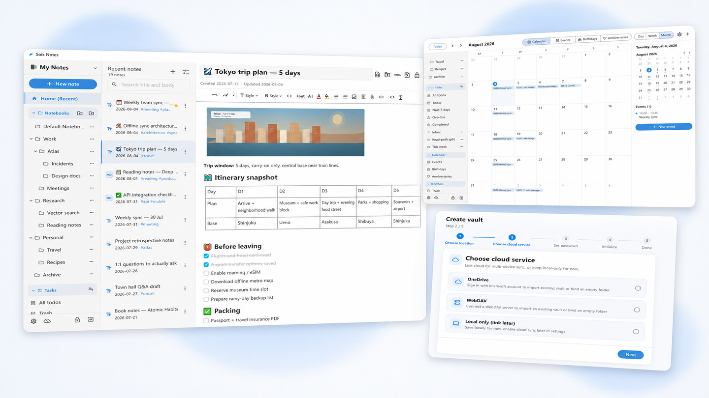 Soix Notes showing notes, tasks, and calendar side by side